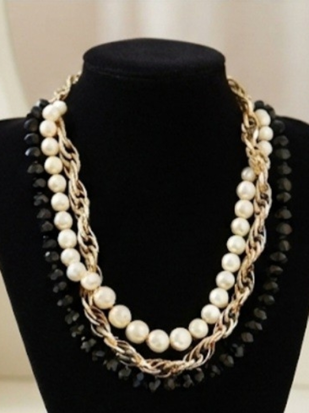 WHBM Multi-Strand Pearl & Black Bead Gold Chain Necklace